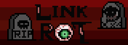 pixel art of two tombstones with 'link rot' written in the middle. the colors used are mainly red and black. The 'o' in 'rot' mimicks a veiny eye.