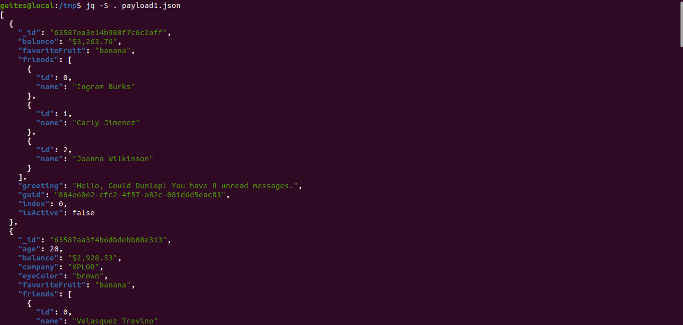 json formatado usando jq
