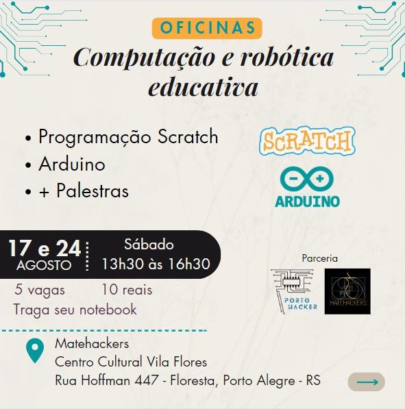 flier Computação e robótica educativa, com as datas, valor e local das oficinas